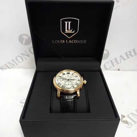 MENS LOUIS LACOMBE CHRONOGRAPH WATCH – MULTI FUNCTION DIAL WITH DATE – ROMAN NUMERAL DIAL – LEATHER STRAP