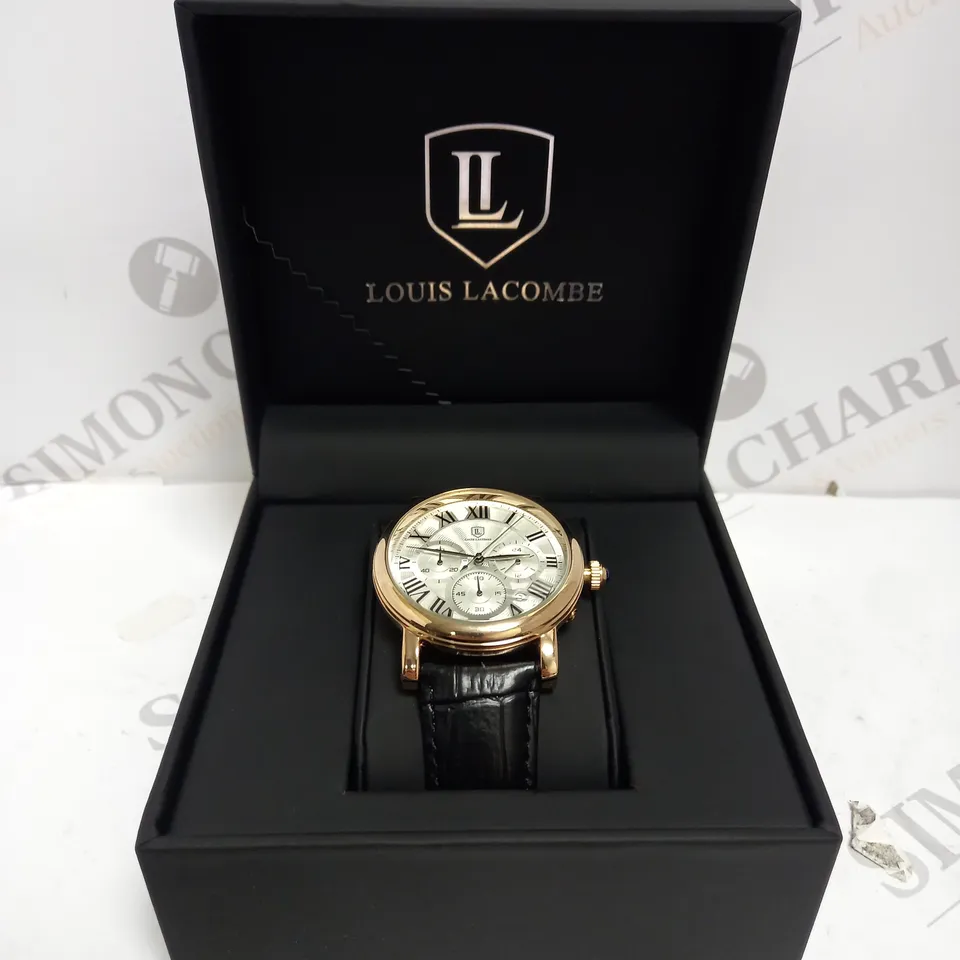MENS LOUIS LACOMBE CHRONOGRAPH WATCH – MULTI FUNCTION DIAL WITH DATE – ROMAN NUMERAL DIAL – LEATHER STRAP
