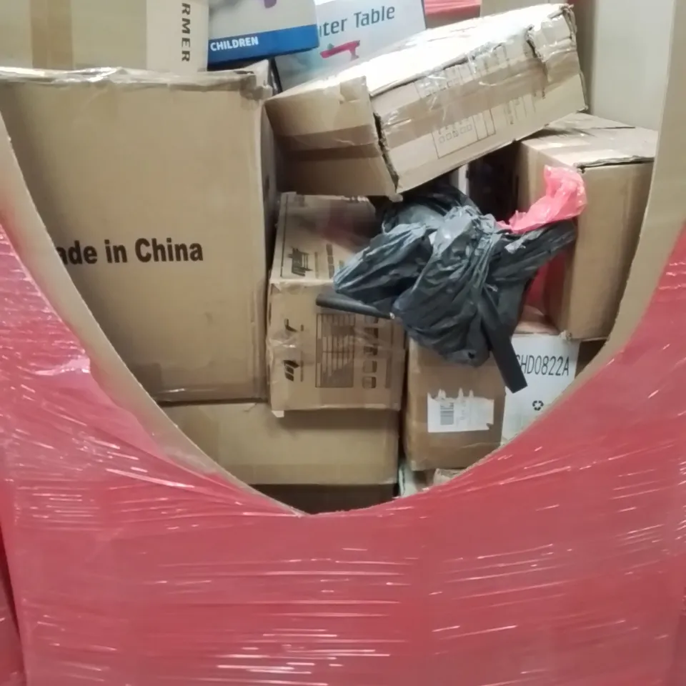 PALLET CONTAINING VARIOUS ASSORTED BOXED HOUSEHOLD ITEMS TO INCLUDE: TOWEL WARMER, CHAIR MAT, CORDLESS WEED SWEEPER, WATER TABLES, AND LOTS MORE UNMARKED BOXED ITEMS 