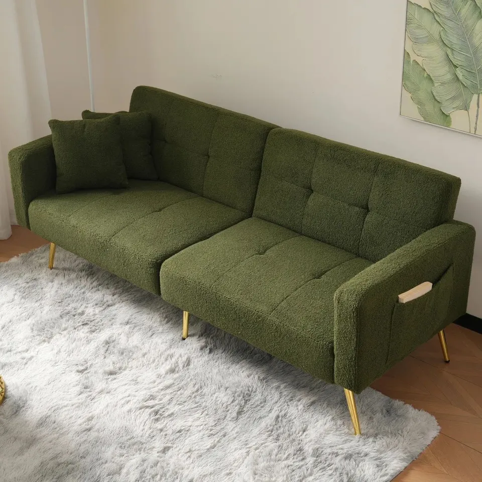 BOXED 3-IN-1 CONVERTIBLE SOFA BED WITH ADJUSTABLE BACKREST , GOLD-TONE LEGS & BUILT-IN STORAGE POCKETS - GREEN (2 BOXES) 