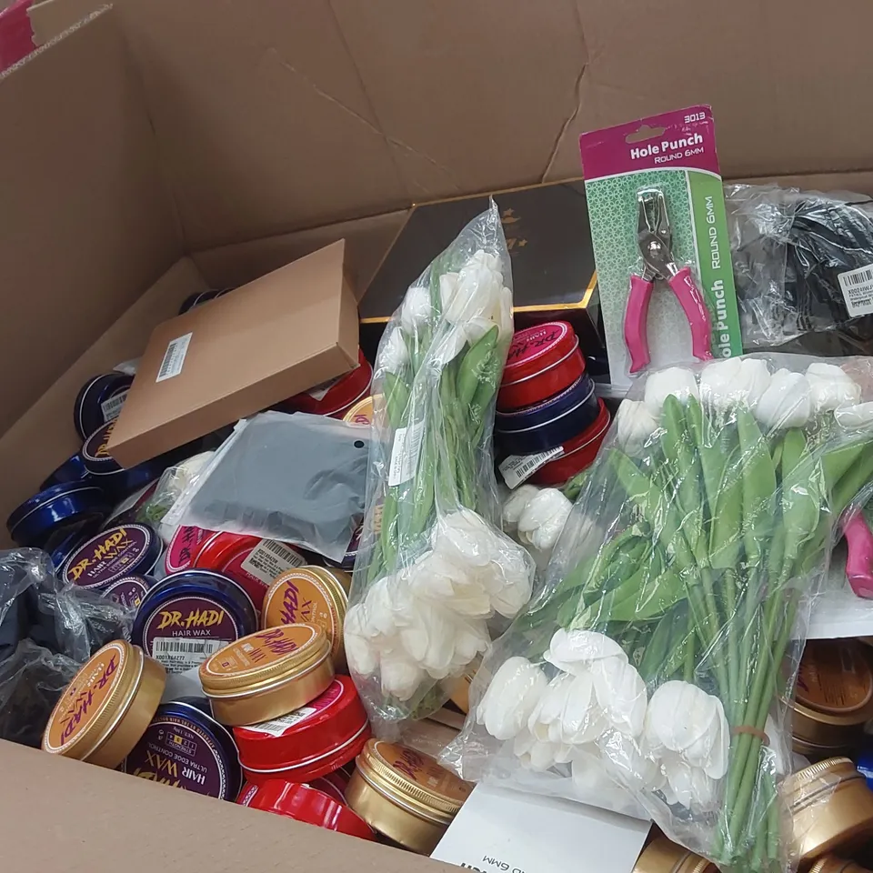 PALLET OF ASSORTED ITEMS INCLUDING: CERAMIC WHETSTONE, MEN'S BEARD KITS, A LARGE ASSORTMENT OF DR. HADI HAIR WAX, HOLE PUNCH, ARTIFICIAL FLOWERS ECT