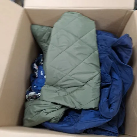 LARGE BOX OF ASSORTED CLOTHING ITEMS IN VARIOUS COLOURS, SIZES AND STYLES