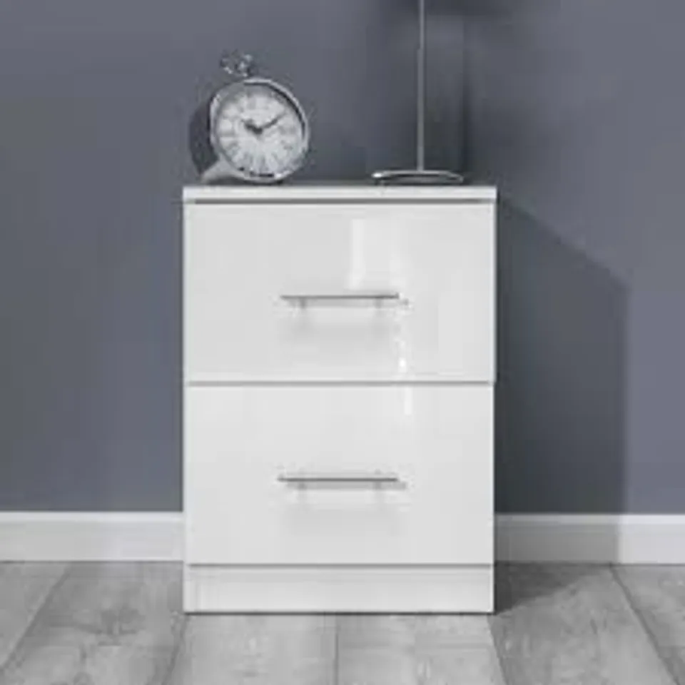 BOXED HELSTON 2 DRAWER BEDSIDE , WHITE GLOSS , 1 BOX 