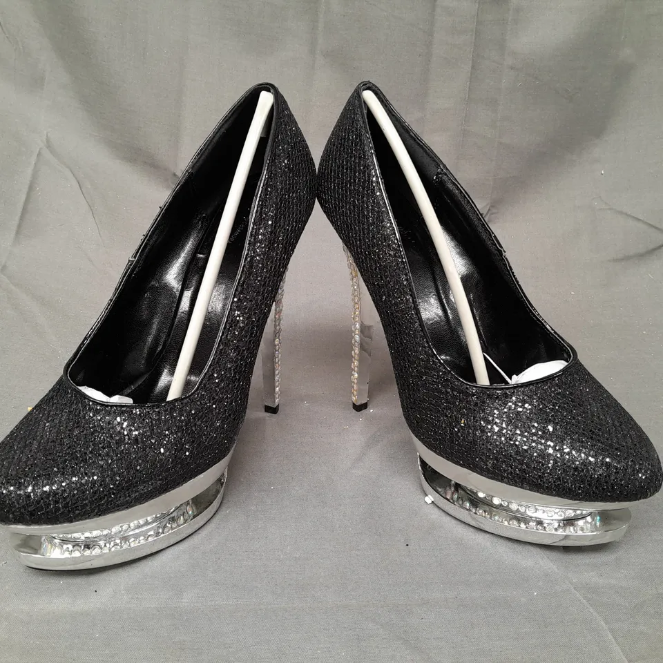 BOX OF APPROXIMATELY 10 BOXED PAIRS OF OCCASIONS BY CASANDRA PLATFORM HIGH HEEL SHOES IN BLACK W. GLITTER & JEWEL EFFECT - VARIOUS SIZES