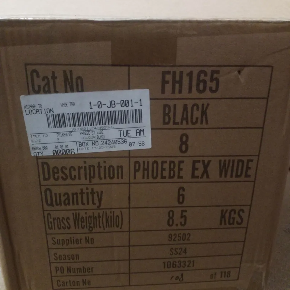 BOX CONTAINING APPROXIMATELY 6 PAIRS OF BRAND NEW SIMPLY BE BLACK PHOEBE EX WIDE SANDALS - SIZE 8