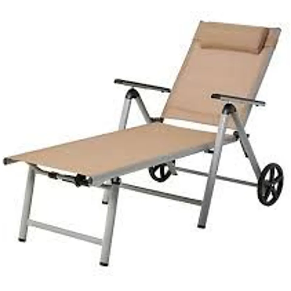 ALUMINIUM FOLDABLE TEXTILENE LOUNGER WITH WHEELS - NATURAL - COLLECTION ONLY