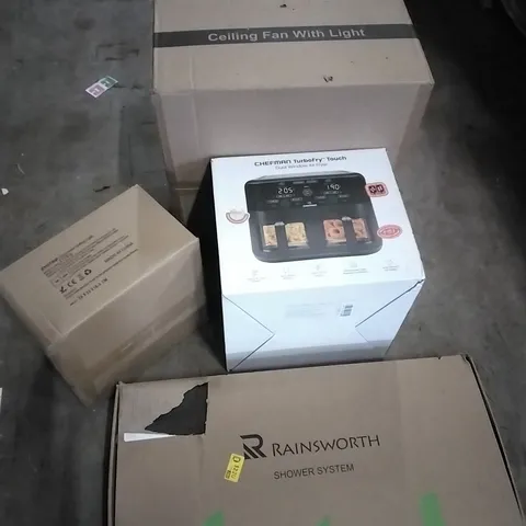 PALLET OF HOUSEHOLD ITEMS TO INCLUDE CEILING FAN WITH LIGHT, CHANDELIER CEILING LIGHT, CHEFMAN TURBOFRY,SHOWER SYSTEM AND OTHER ASSORTED ITEMS...