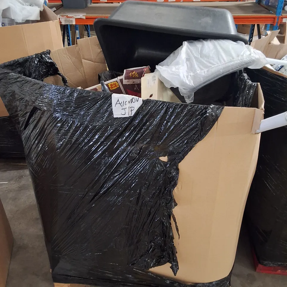 PALLET CONTAINING ASSORTED PRODUCTS INCLUDING HALLOWEEN DECORATION, DINING CHAIR SEAT, ASSORTED SHOES & BLACK PLASTIC BASIN