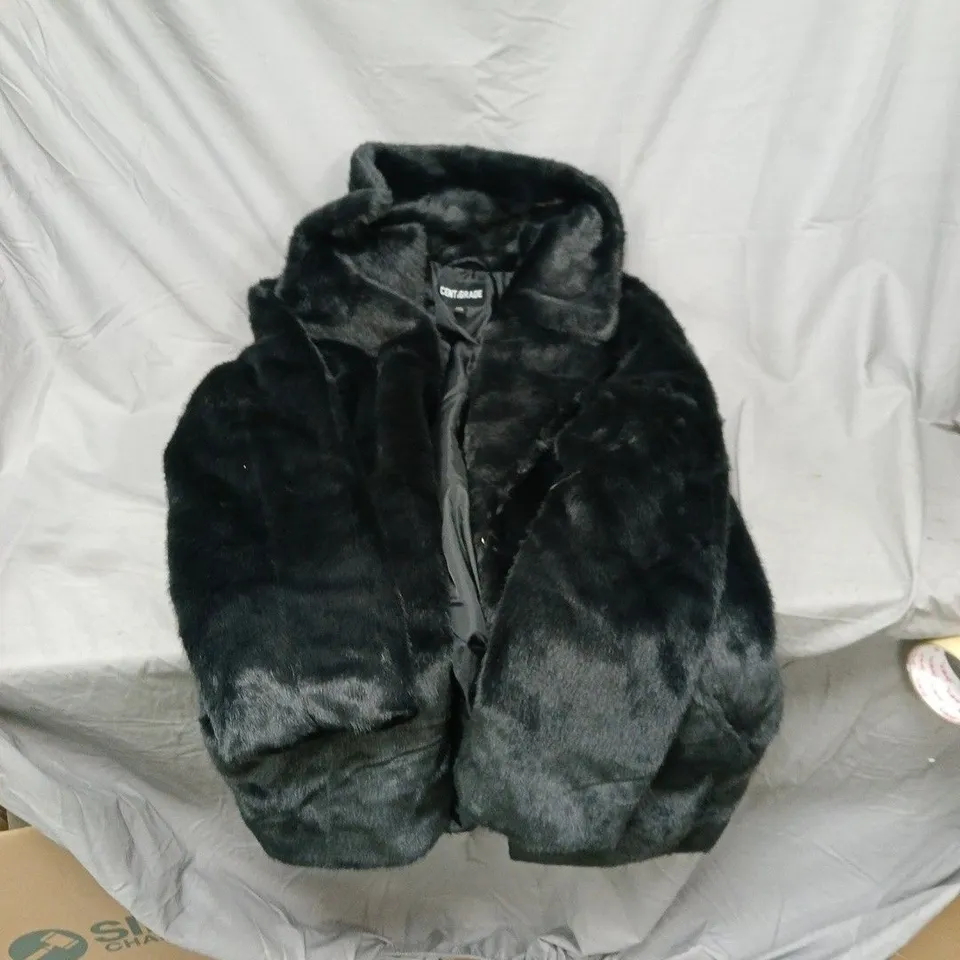 TWO ITEMS: SOFT GREY COZY HEATED THROW WITH POWER CONTROLS AND CENTRIGRADE FAUX FUR COAT SIZE 2XL