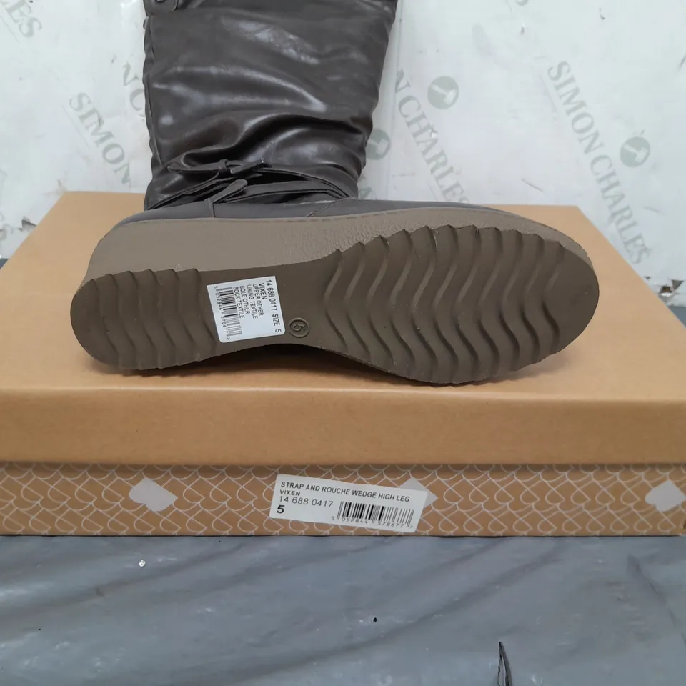 BOX OF APPROXIMATELY 8 PAIRS OF BARRATTS STRAP AND ROUCHE WEDGE BOOTS - SIZE 5