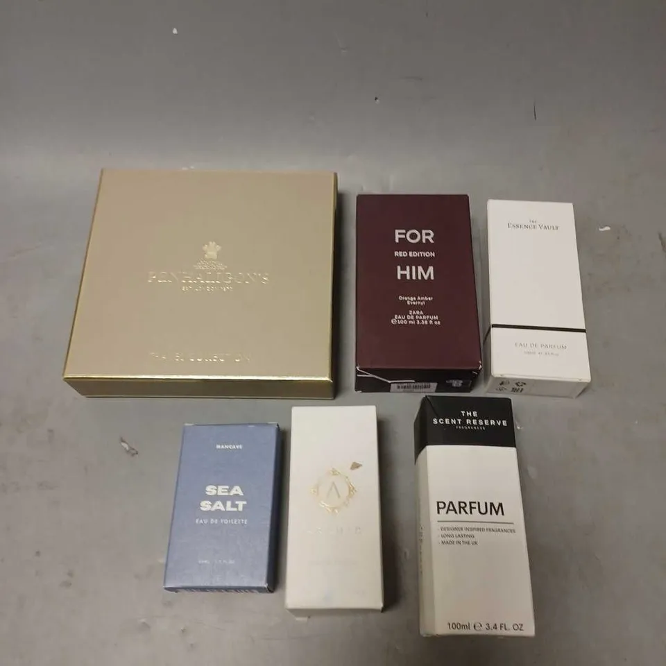 APPROXIMATELY 6 ASSORTED BOXED FRAGRANCES TO INCLUDE - MANCAVE SEA SALT - ZARA FOR HIM RED - THE SCENT RESERVE 73 - ETC