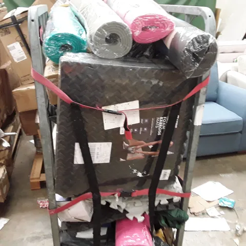 CAGE TO CONTAIN AN ASSORTMENT OF HOUSEHOLD ITEMS TO INCLUDE YOGA MATTS, EXERCISE MATS AND FOAM ROLLERS ECT 