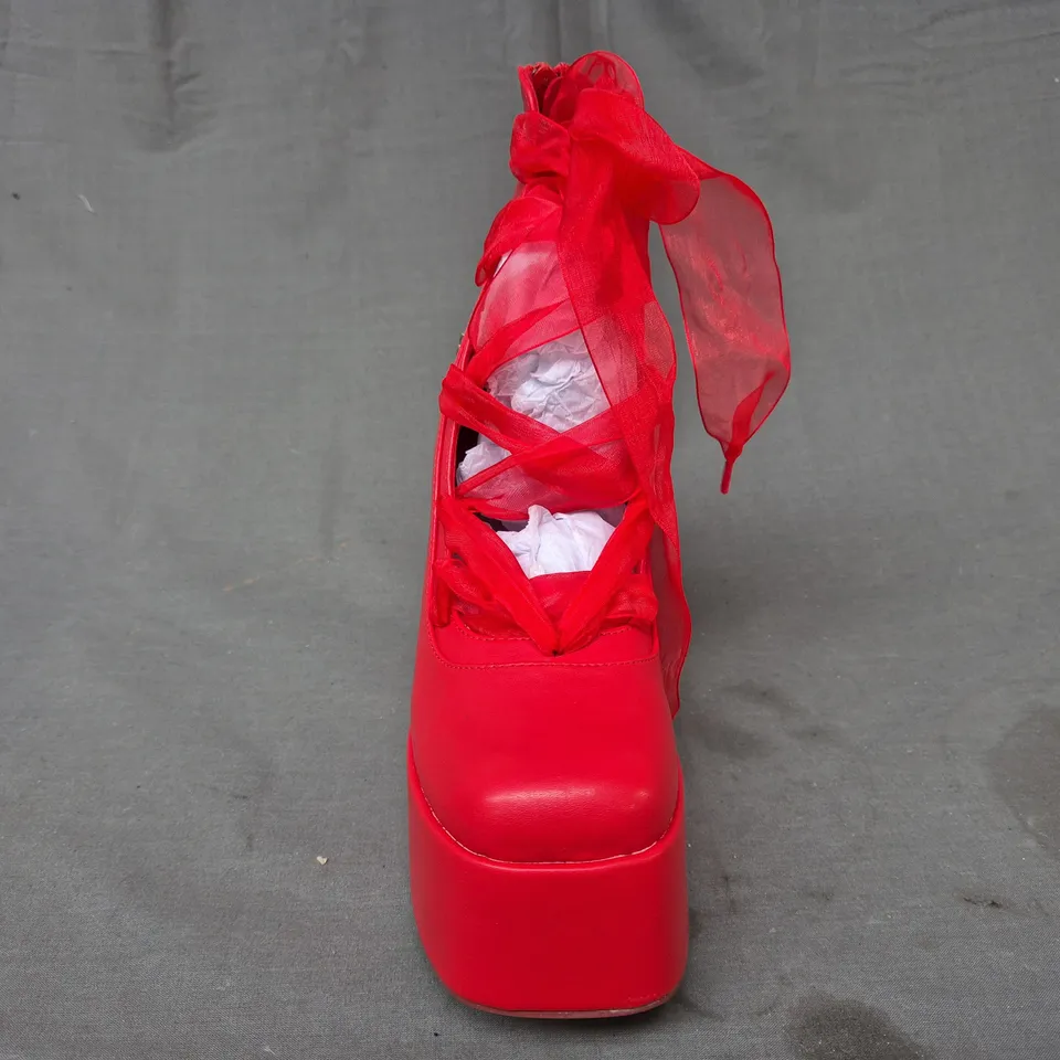 BOXED PAIR OF KOI PLAYBOY INFIDELITY RED LACE UP PLATFORM BLOCK HEELS UK SIZE 4