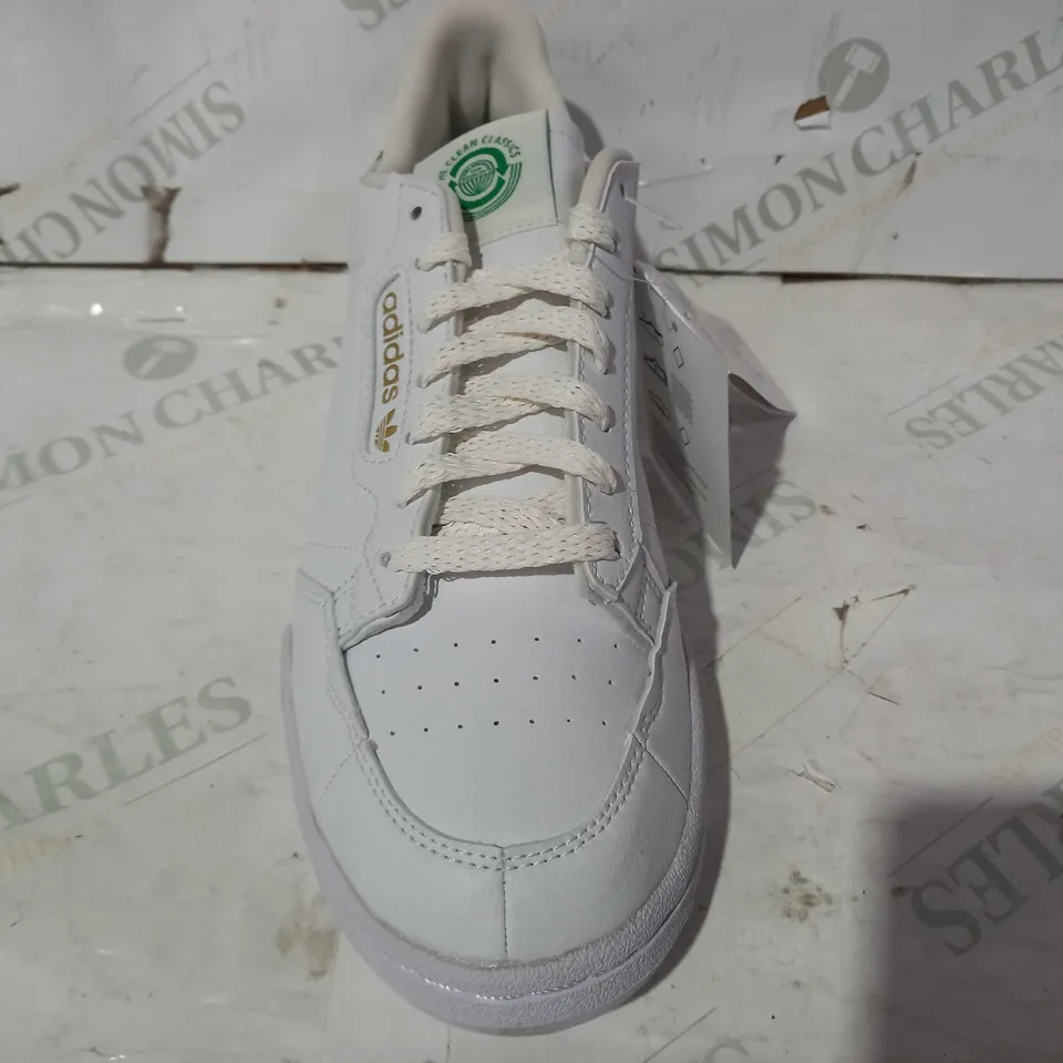 BOXED PAIR OF ADIDAS CONTINENTAL 80 SHOES IN WHITE/GREEN UK SIZE 8.5