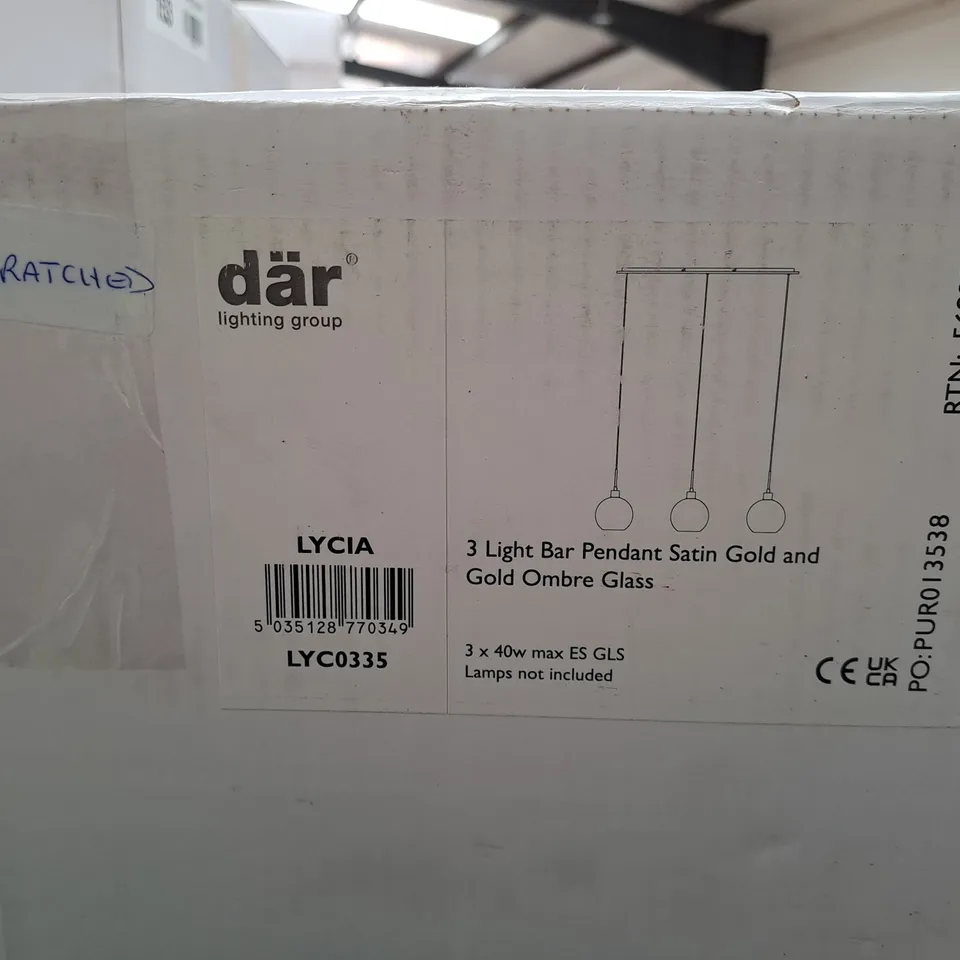 DAR LIGHTING LYCIA 3 LIGHT BAR PENDANT SATIN GOLD AND GOLD OMBRE GLASS LYC0335