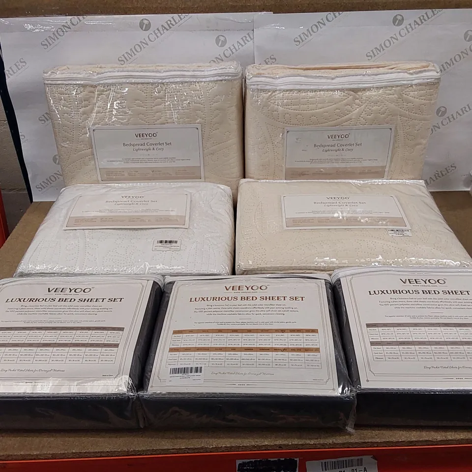 BOX OF 4X VEEYOO BEDSPREAD COVERLET SETS, 3X VEEYOO LUXURIOUS BED SHEET SETS, - VARIOUS SIZES AND COLOURS (1 BOX)