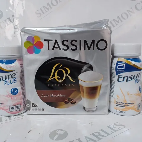 APPROXIMATELY 10 ASSORTED FOOD & DRINK ITEMS TO INCLUDE TASSIMO LATTE MACCHIATO, ABBOTT ENSURE PLUS NUTRITION DRINK, ETC