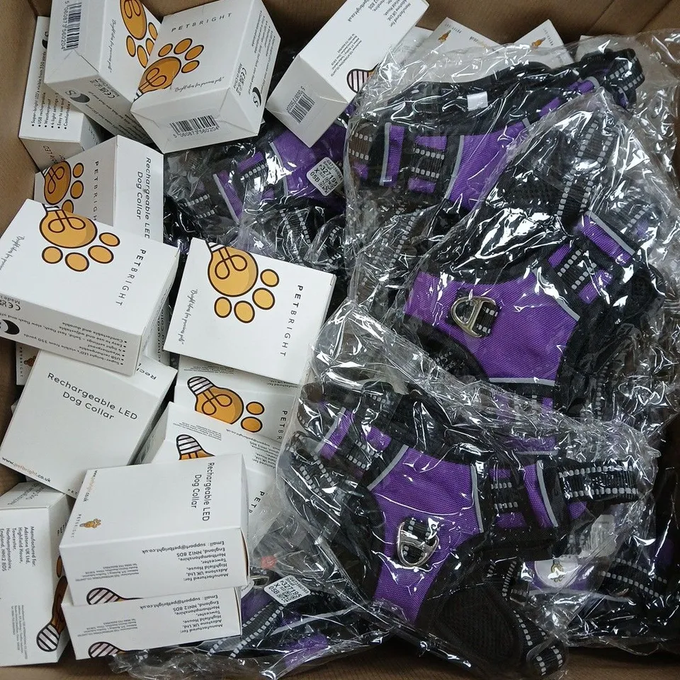LARGE BOX OF ASSORTED ITEMS TO INCLUDE RECHARGEABLE LED DOG COLLARS AND DOG HARNESS'S - COLLECTION ONLY
