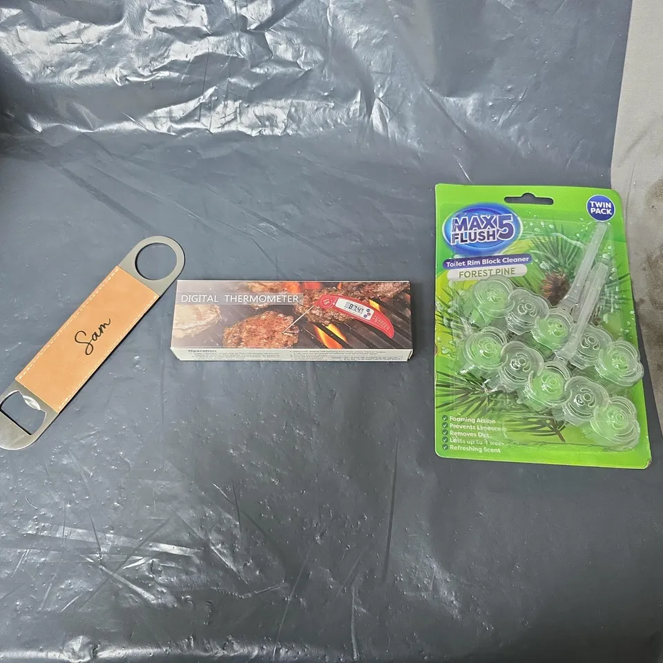 APPROXIMATELY 10 ASSORTED HOUSEHOLD ITEMS TO INCLUDE TOILET BLOCKS, DIGITAL THERMOMETER & BOTTLE OPENER ETC 