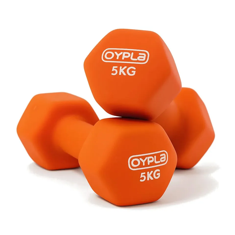 OYPLA PAIR OF 5KG HEX ANTI ROLL NEOPRENE NON SLIP HAND DUMBBELLS WORKOUT WEIGHTS