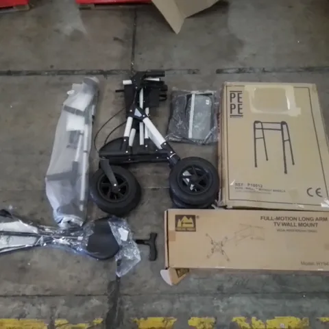 PALLET CONTAINING HOME IMPROVEMENT AND MOBILITY AID PRODUCTS. INCLUDES TV WALL MOUNT, WALKER, CRUTCHES, BASKET BALL HOOP ETC