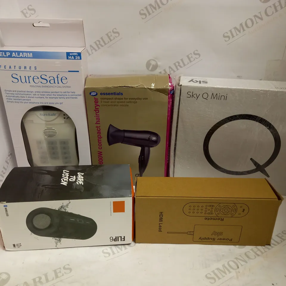 LOT OF 5 ASSORTED ELECTRICAL ITEMS, TO INCLUDE SKY Q MINI BOX, CALL SYSTEM, SPEAKER, ETC