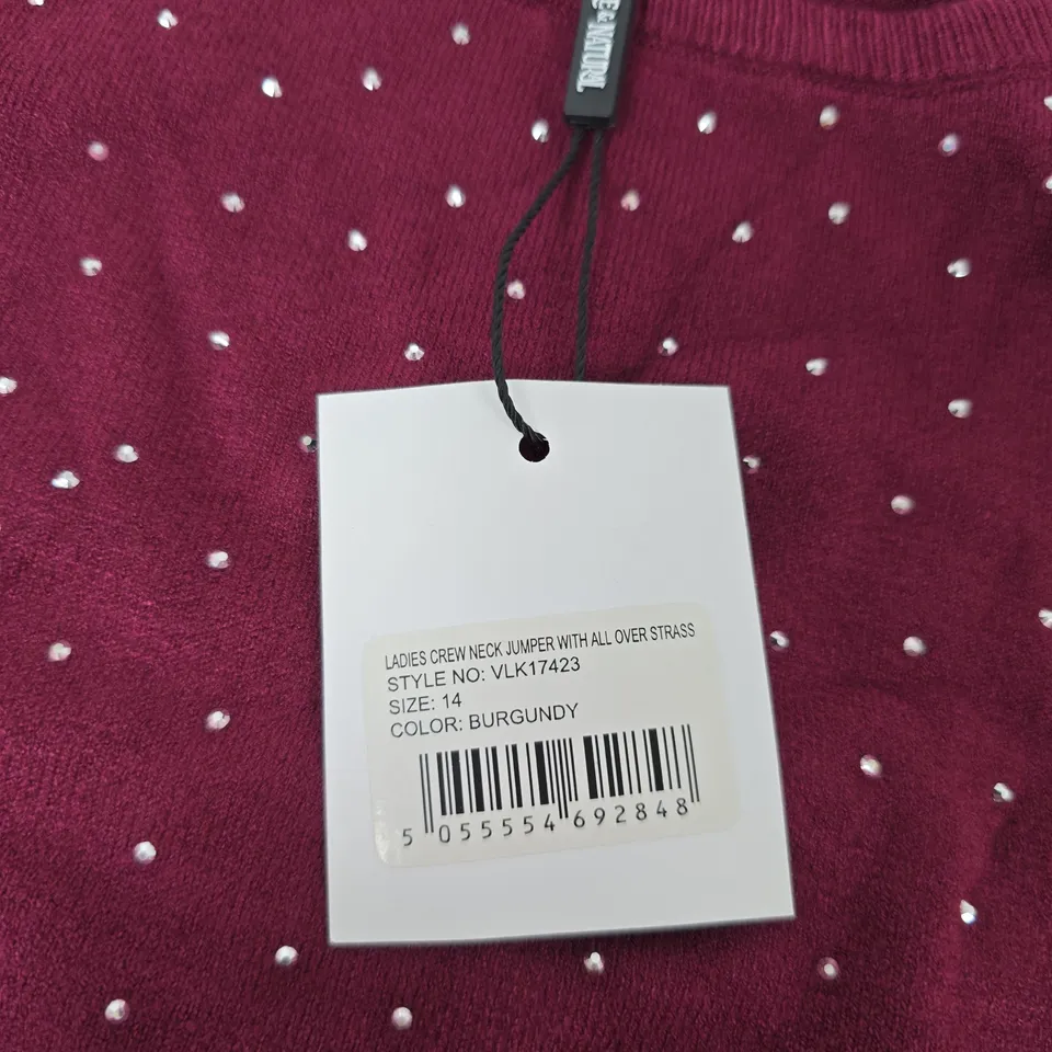 PURE & NATURAL LADIES CREW NECK JUMPER WITH ALL-OVER STRASS – BURGUNDY, UK 14