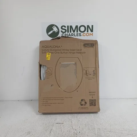 AQUALONA LUXURY DUROPLAST WHITE TOILET SEAT – SOFT-CLOSE, ONE-BUTTON HINGE RELEASE (BOXED)