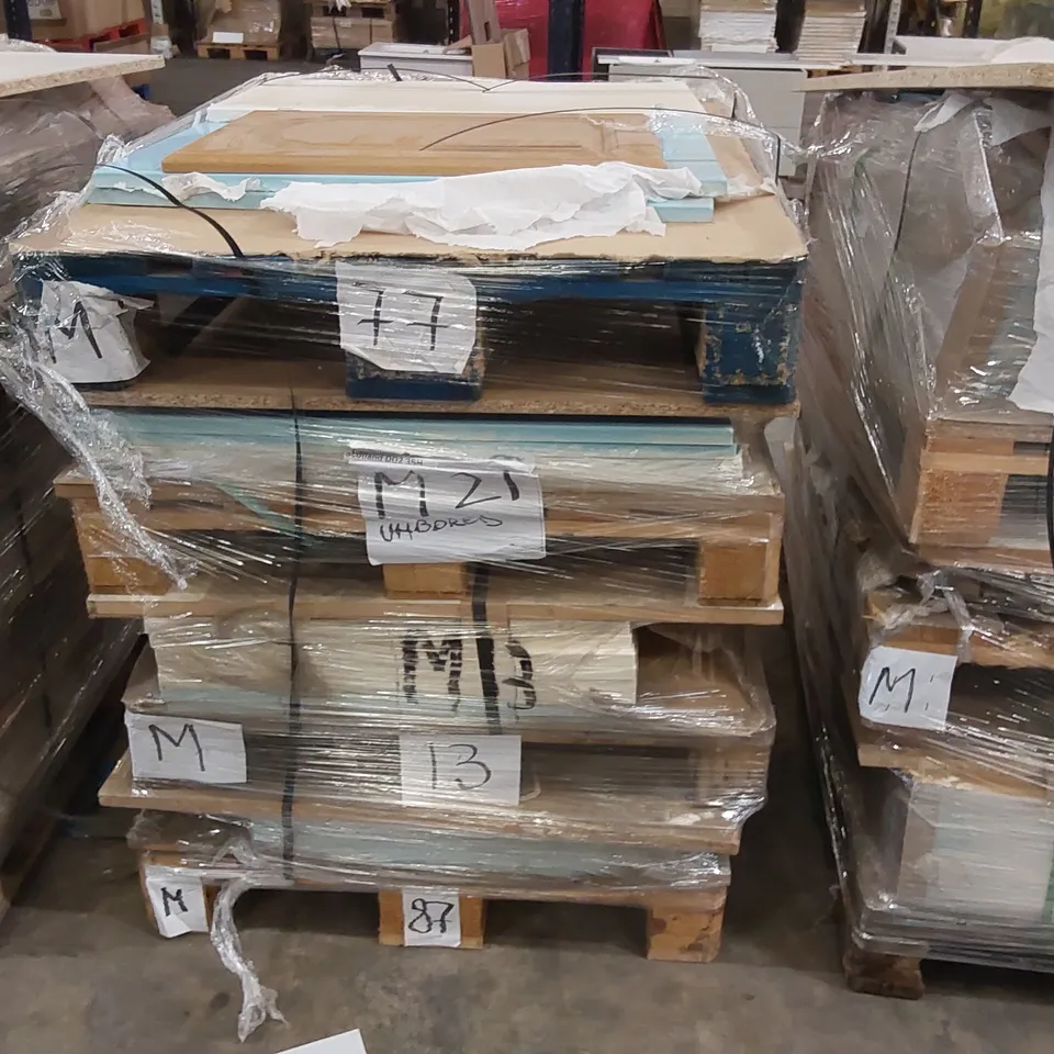 PALLET OF APPROXIMATELY 140 BRAND NEW IVORY CREAM GLOSS ECT KITCHENS/BEDROOM REPLACEMENT CABINET DOOR/DRAWER/END PANELS IN ASSORTED SIZES TO INCLUDE;