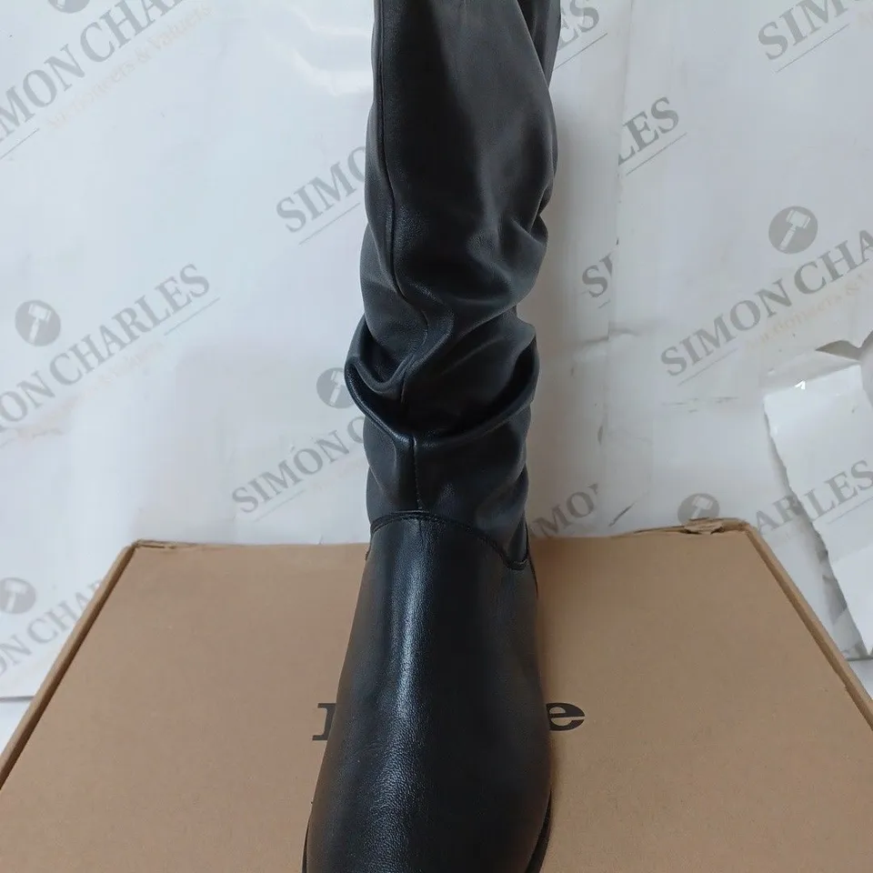 BOXED DUNE LEATHER RUCHED CALF BOOTS, BLACK - SIZE 5
