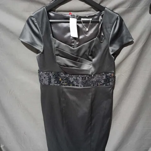 BERKETEX BLACK SATIN COCKTAIL DRESS, BEADED WAISTBAND, UK 12