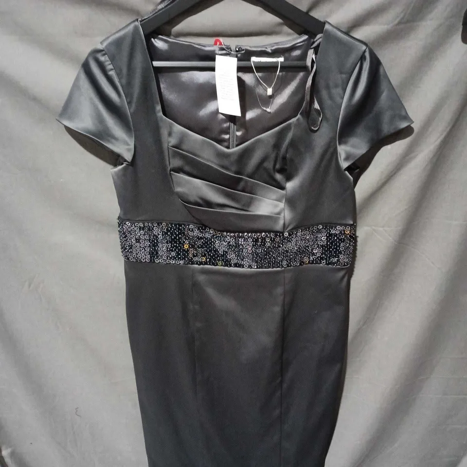 BERKETEX BLACK SATIN COCKTAIL DRESS, BEADED WAISTBAND, UK 12