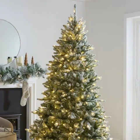 BOXED 7FT DENVER PRE LIT FLOCKED CHRISTMAS TREE WITH DUAL COLOUR TWINKLE LIGHTS