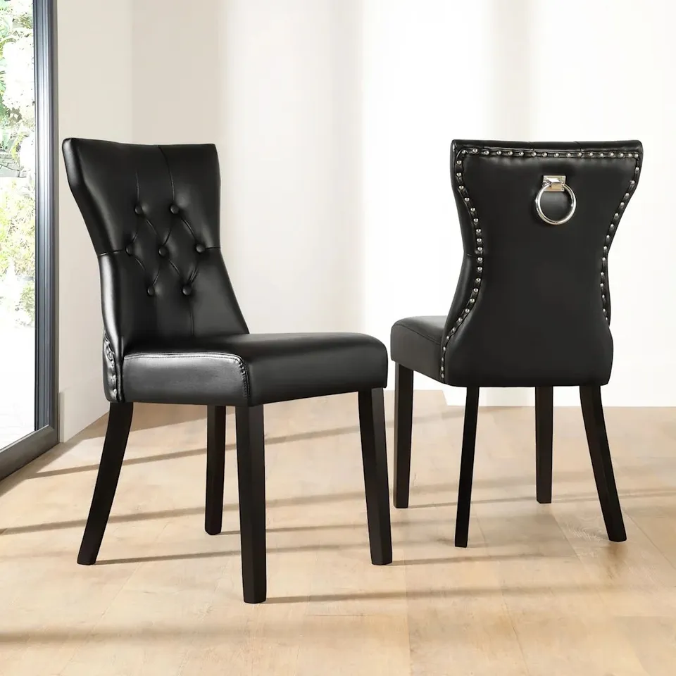 BOXED KENSINGTON DINING CHAIR, BLACK PREMIUM FAUX LEATHER & BLACK SOLID HARDWOOD