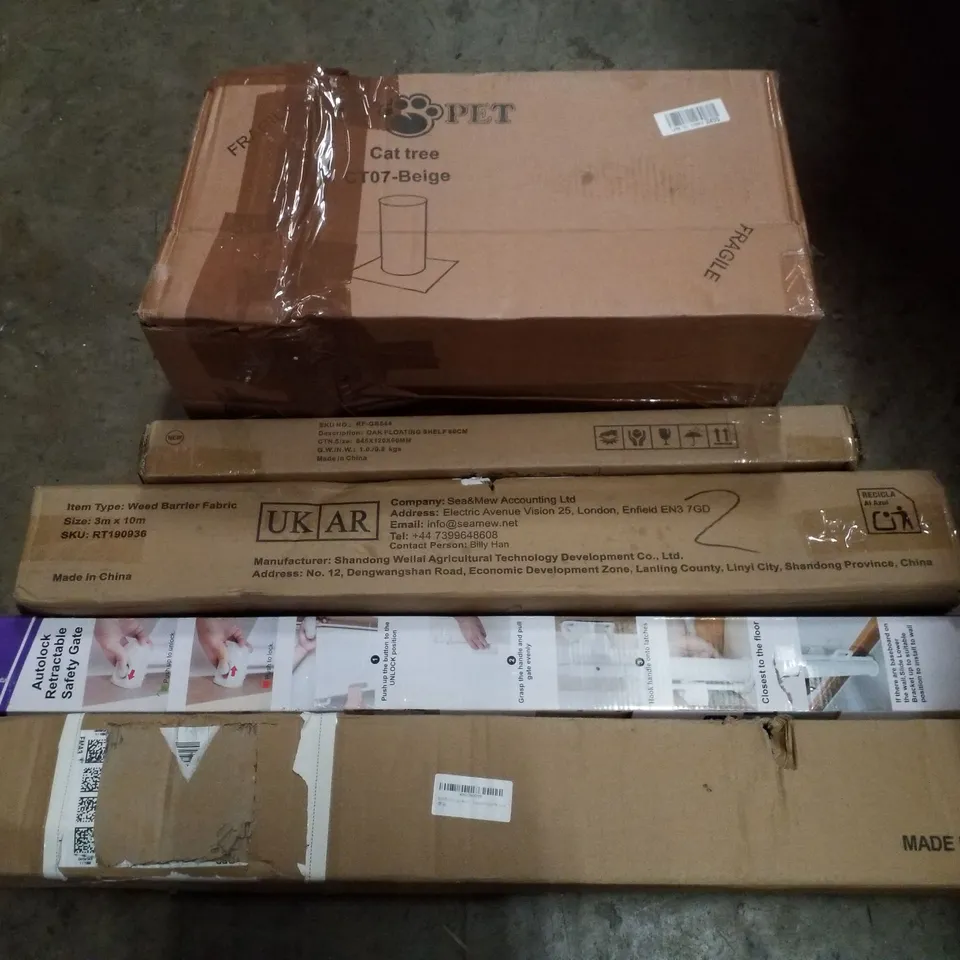 PALLET CONTAINING ASSORTED PRODUCTS INCLUDING CAT TREE, OAK FLOATING SHELF, WEED BARRIER FABRIC, RETRACTABLE SAFETY GATE & OFFICE CHAIR MAT