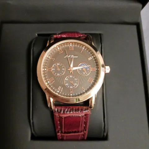 L.A.BANUS ROSE GOLD LOOK WATCH WITH STAINLESS STEEL BACK AND LEATHER STRAP IN BOX