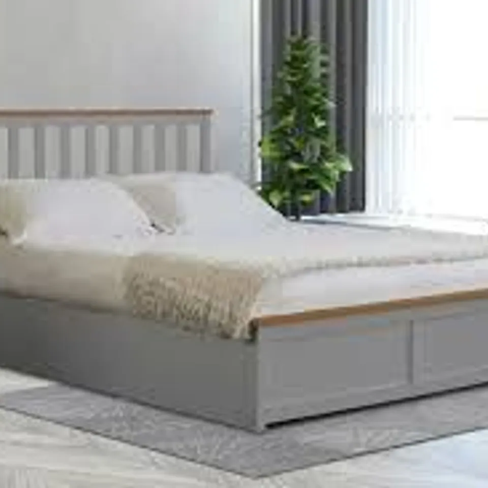 BOXED BEXLEY WOODEN OTTOMAN GAS LIFT STORAGE BED 4FT - GREY (2 BOXES)