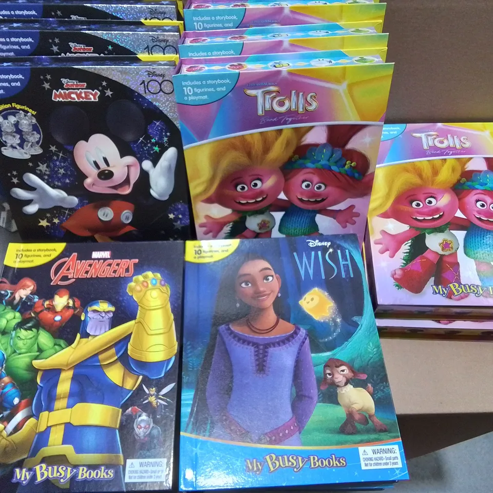 LOT OF 12 ASSORTED KIDS MY BUSY BOOKS TO INCLUDE AVENGERS, MICKLEY,WISH AND TROLLS