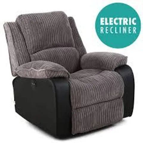 BOXED DESIGNER POSTANA GREY JUMBO CHORD & FAUX LEATHER POWER RISE & RECLINING EASY CHAIR ONE BOX OF TWO ONLY