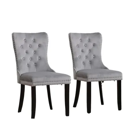BOXED NEO SET OF 2 UPHOLSTERED CHAIRS HIGH BACK CRUSHED VELVET DINING CHAIRS WITH BUTTONS AND WOODEN LEGS - DARK GREY (1 BOX)