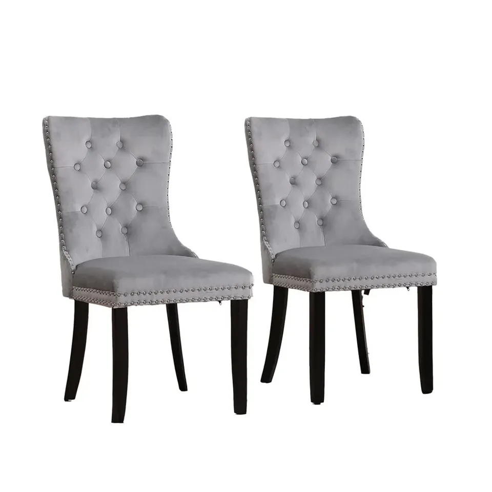 BOXED NEO SET OF 2 UPHOLSTERED CHAIRS HIGH BACK CRUSHED VELVET DINING CHAIRS WITH BUTTONS AND WOODEN LEGS - DARK GREY (1 BOX)