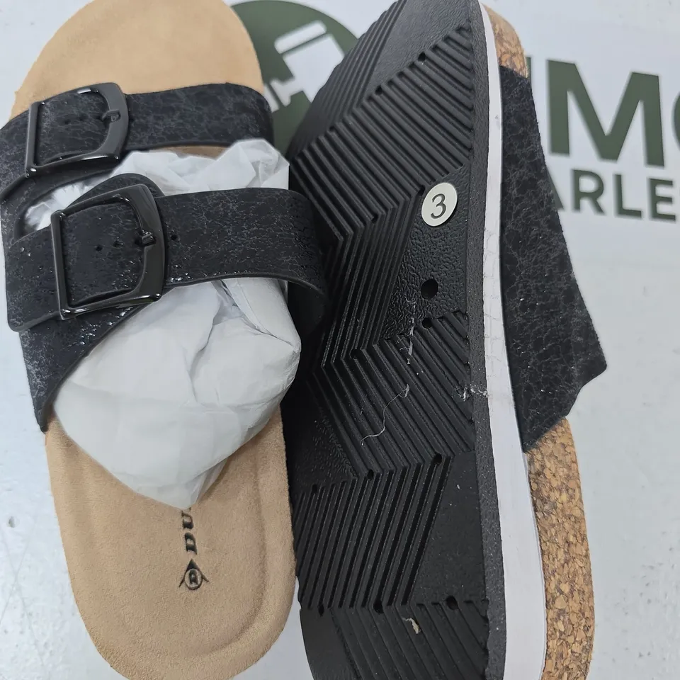 DUNLOP TWO-STRAP SANDALS, BLACK STRAPS, CORK FOOTBED – UK SIZE 3