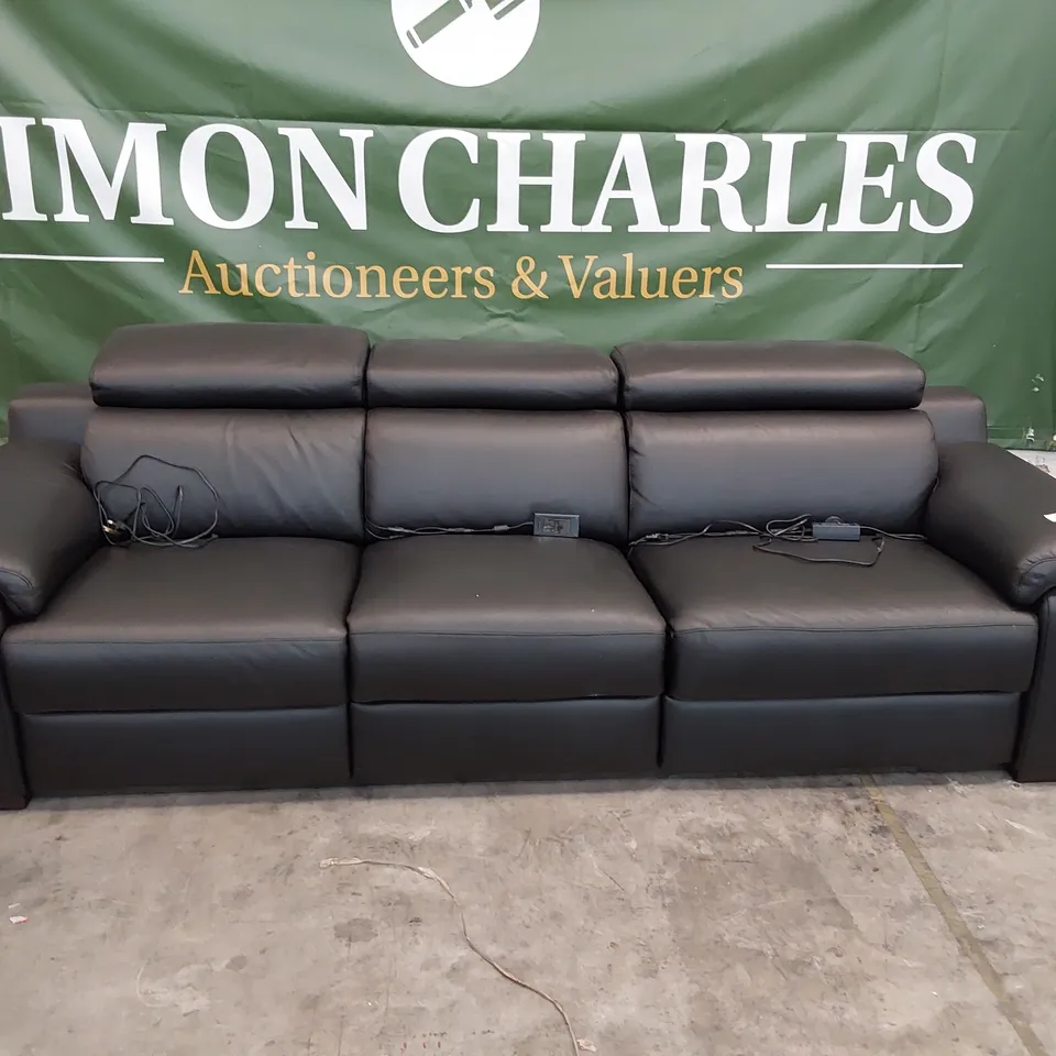 QUALITY ITALIAN DESIGNER MAESTRALE POWER RECLINING THREE SEATER SOFA WITH ADJUSTABLE HEADRESTS BLACK LEATHER 