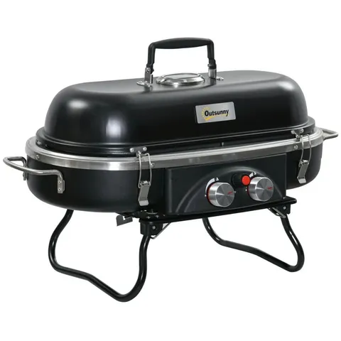 BOXED OUTSUNNY FOLDABLE GAS BBQ GRILL 2 BURNER TABLE TOP BARBECUE WITH LID PIEZO IGNITION THERMOMETER FOR CAMPING PICNIC COOKING, ALUMINIUM ALLOY