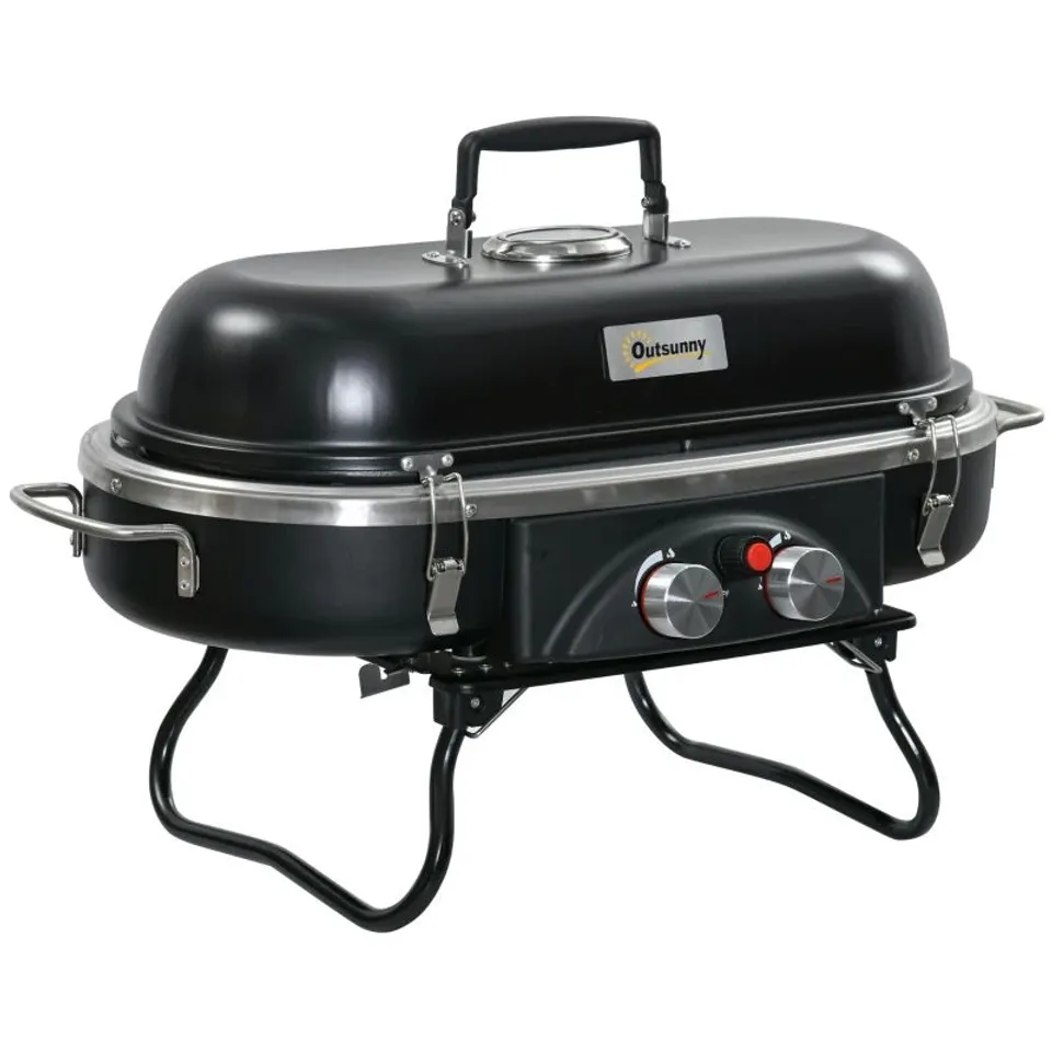 BOXED OUTSUNNY FOLDABLE GAS BBQ GRILL 2 BURNER TABLE TOP BARBECUE WITH LID PIEZO IGNITION THERMOMETER FOR CAMPING PICNIC COOKING, ALUMINIUM ALLOY