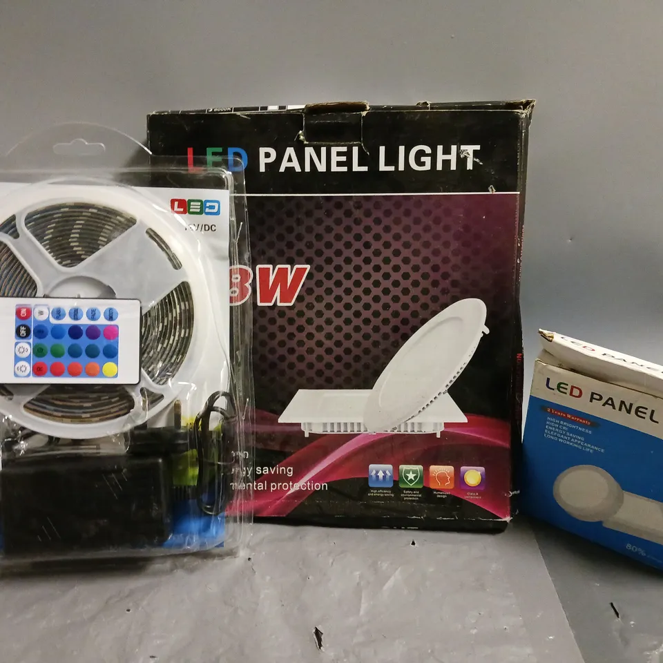 APPROXIMATELY 10 ASSORTED LIGTS TO INCLUDE MINI LED PANEL LIGHT, LED PANEL LIGHT, STRING LIGHTS, ETC