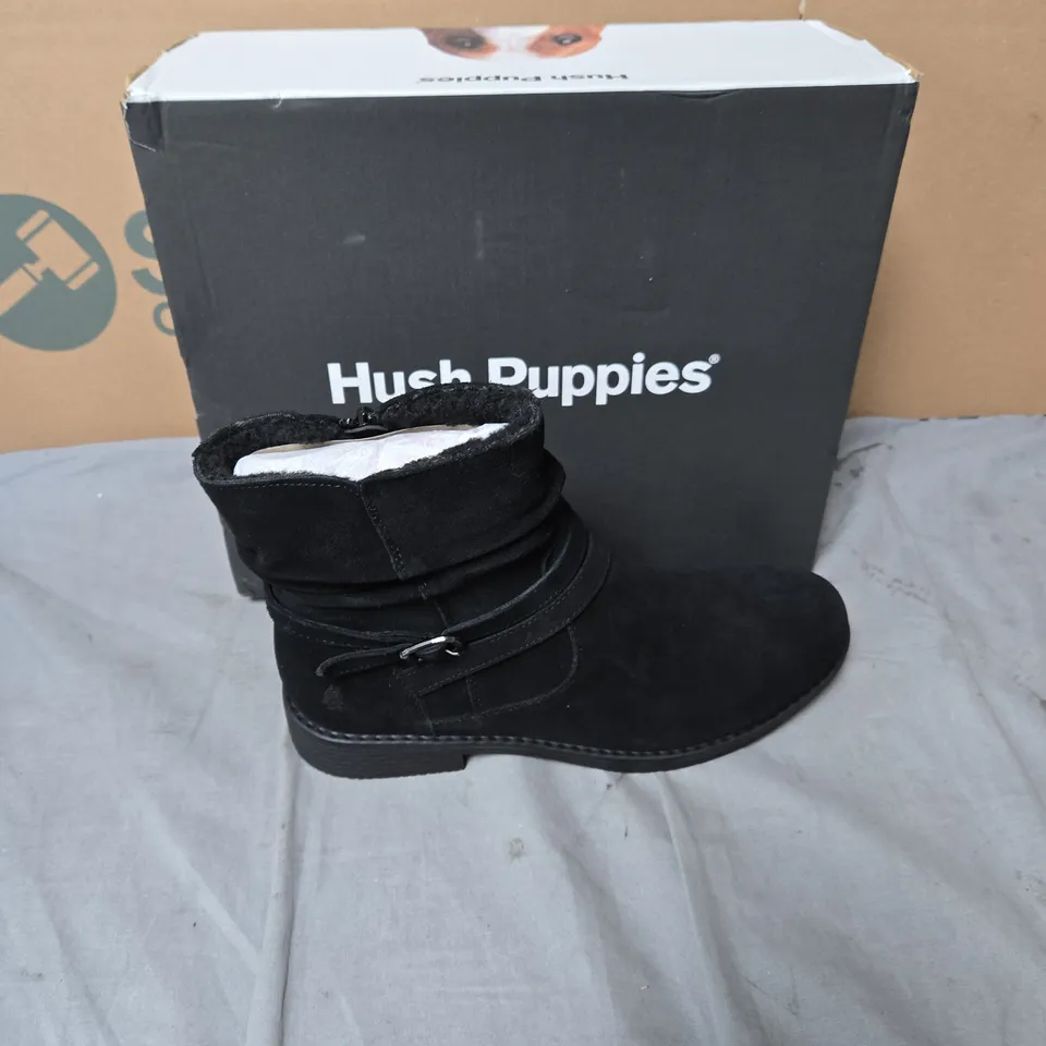 HUSH PUPPIES BLACK SUEDE ANKLE BOOT WITH ZIP AND BUCKLE – BOXED- SIZE 7 