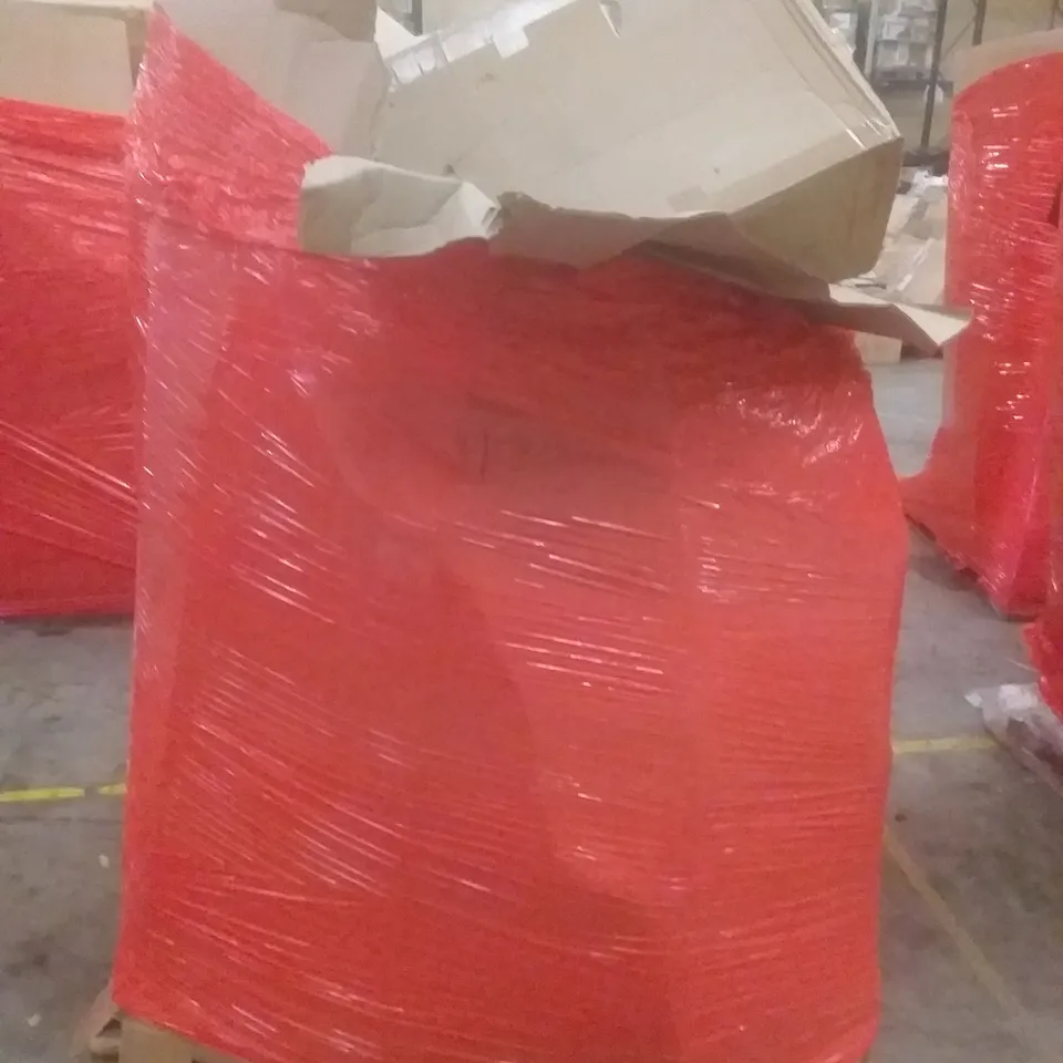 PALLET OF ASSORTED ITEMS INCLUDING TV STAND WITH TV MOUNT, EGG DISPENSER, BATH CHAIR