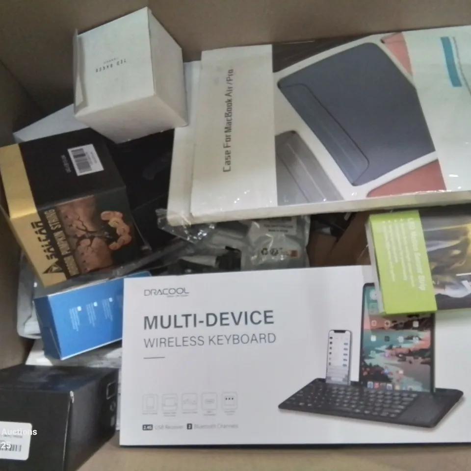 BOX CONTAINING LARGE AMOUNT OF BOXED ELECTRICAL ITEMS TO INCLUDE: MACBOOK CASES, WIRELESS KEYBOARD, STRIP LIGHTS, PHONE CASES ETC.