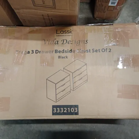 BOXED LASSIC TREGA 3 DRAWER BEDSIDE CHEST SET OF 2 IN BLACK (1 BOX)